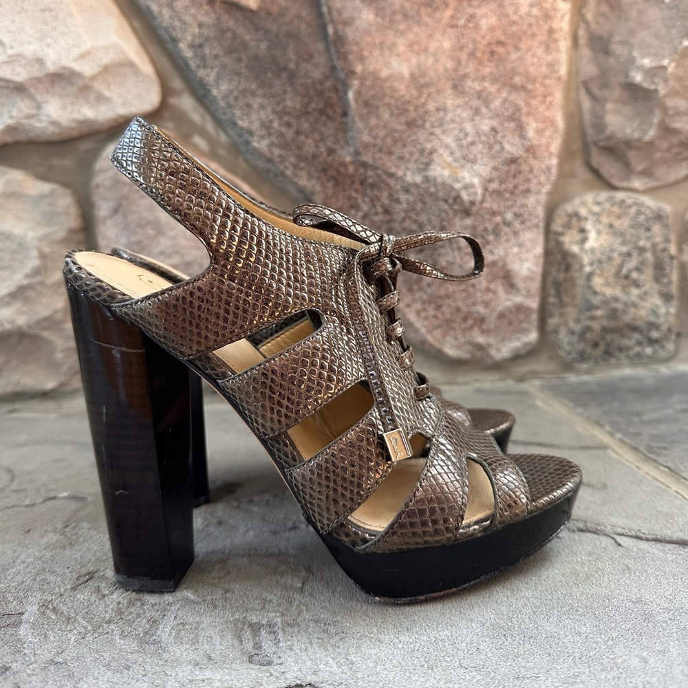 Coach Moreen Lace Up Slingback Leather Heels, Metallic